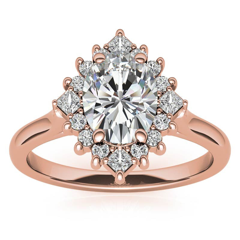 Round and Princess Halo Oval Moissanite Engagement Ring