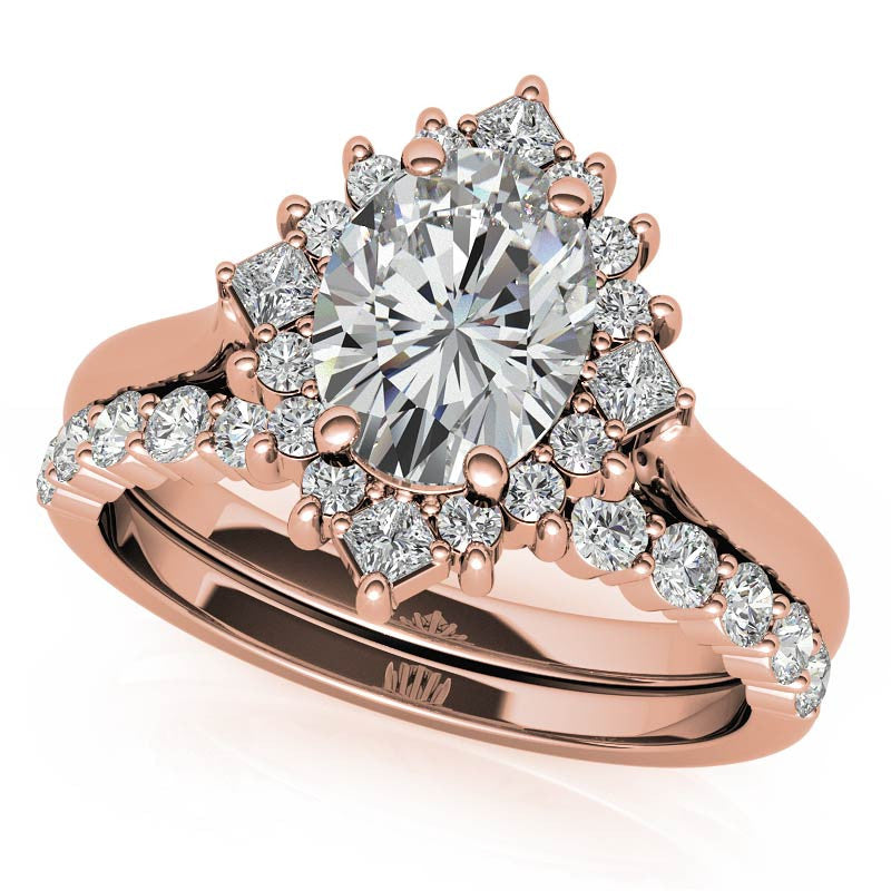 Round and Princess Halo Oval Moissanite Engagement Ring