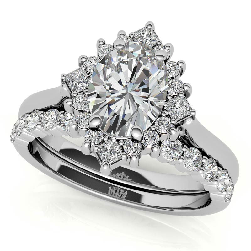 Round and Princess Halo Oval Moissanite Engagement Ring