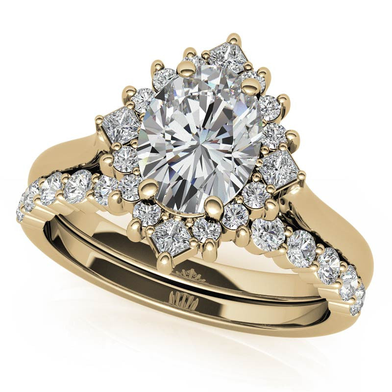 Round and Princess Halo Oval Moissanite Engagement Ring