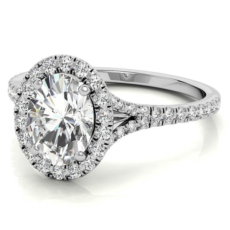 Split Shank Oval Moissanite Halo Engagement Ring