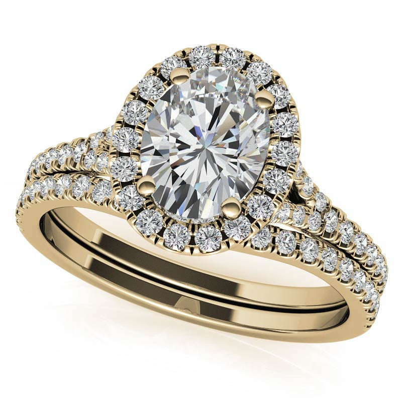 Split Shank Oval Moissanite Halo Engagement Ring
