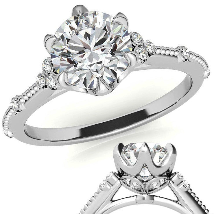 Round Beaded Floral Moissanite Engagement Ring