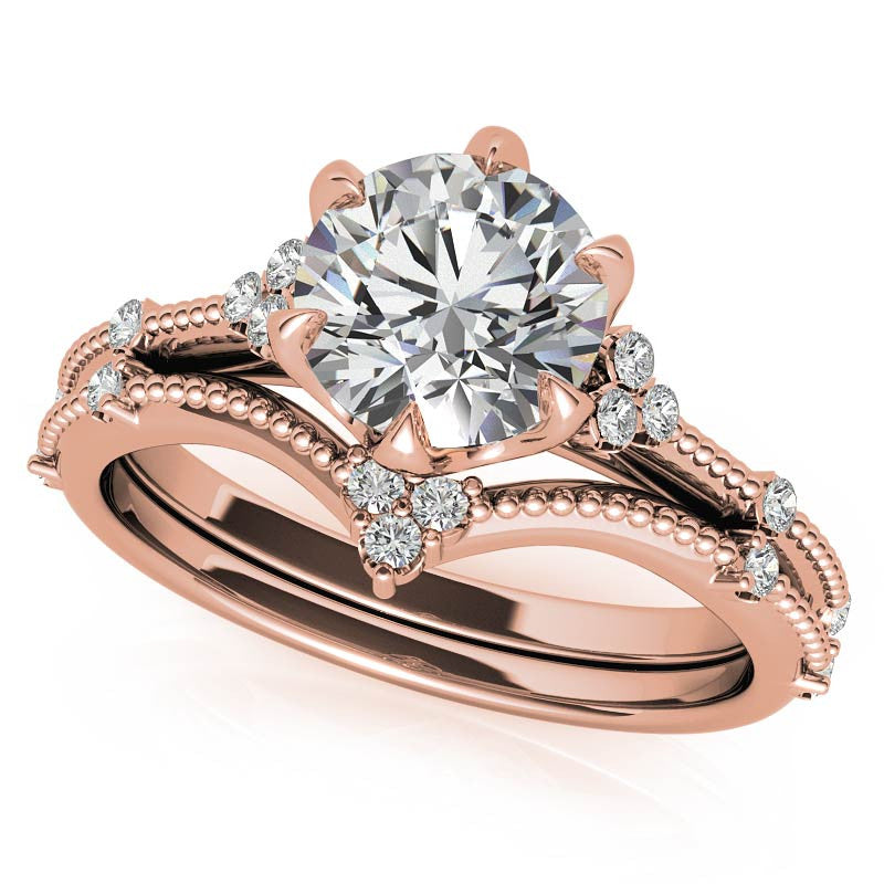 Round Beaded Floral Moissanite Engagement Ring
