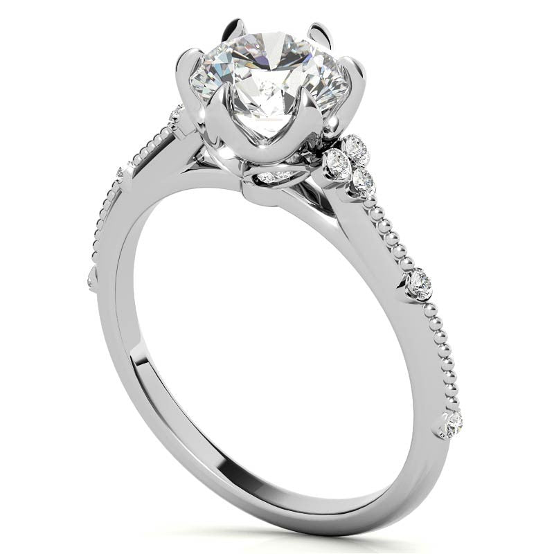 Round Beaded Floral Moissanite Engagement Ring