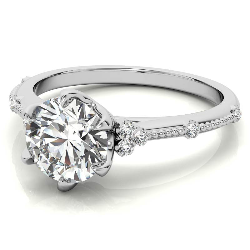 Round Beaded Floral Moissanite Engagement Ring