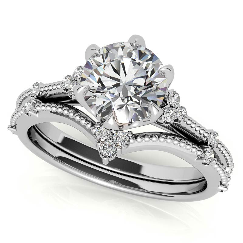 Round Beaded Floral Moissanite Engagement Ring