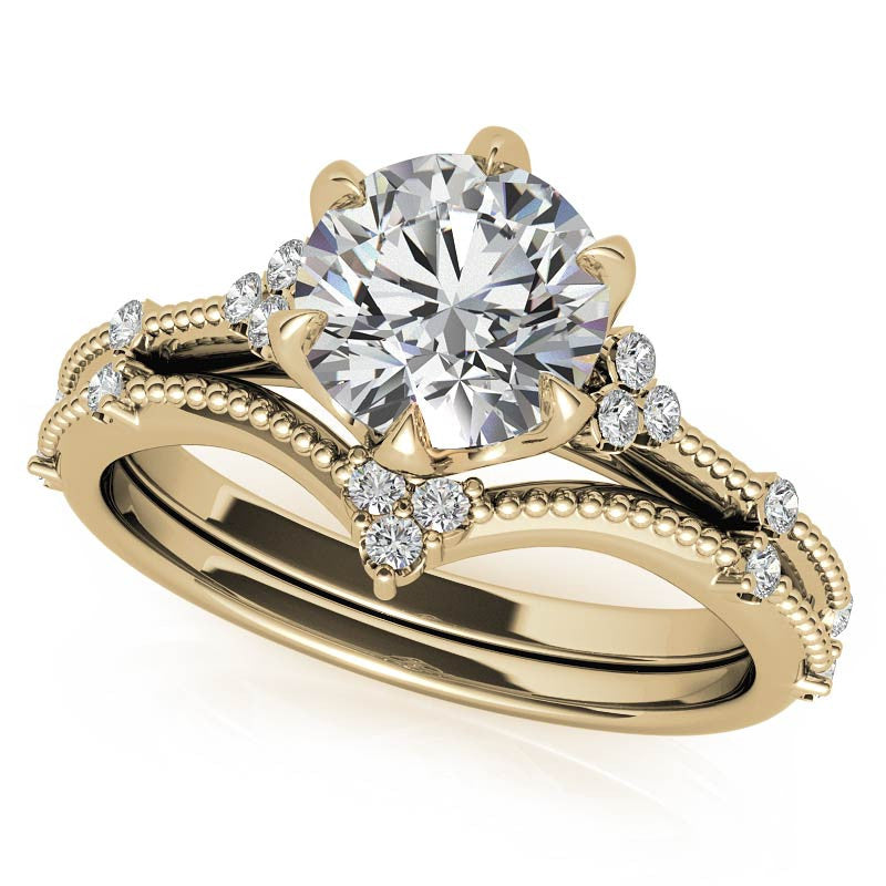 Round Beaded Floral Moissanite Engagement Ring
