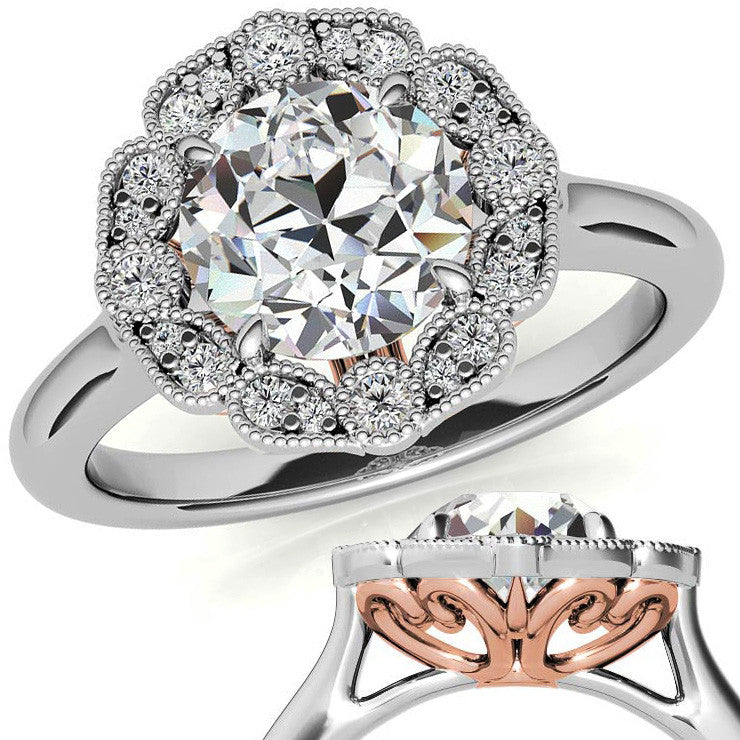 Round Scalloped Halo Moissanite Cathedral Engagement Ring