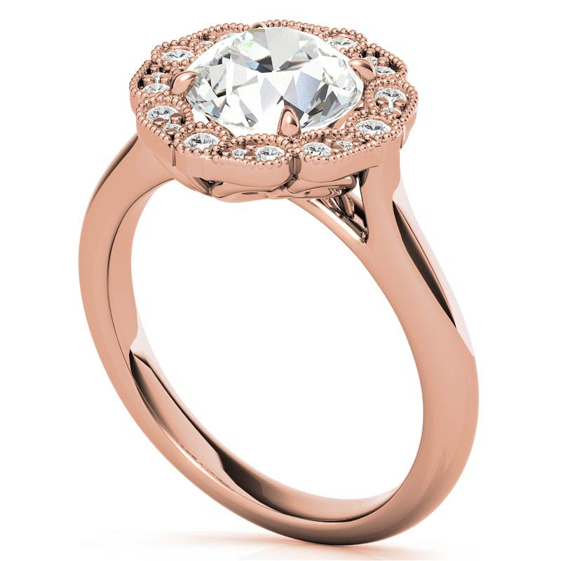 Round Scalloped Halo Moissanite Cathedral Engagement Ring