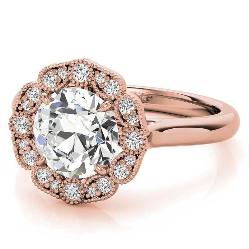 Round Scalloped Halo Moissanite Cathedral Engagement Ring