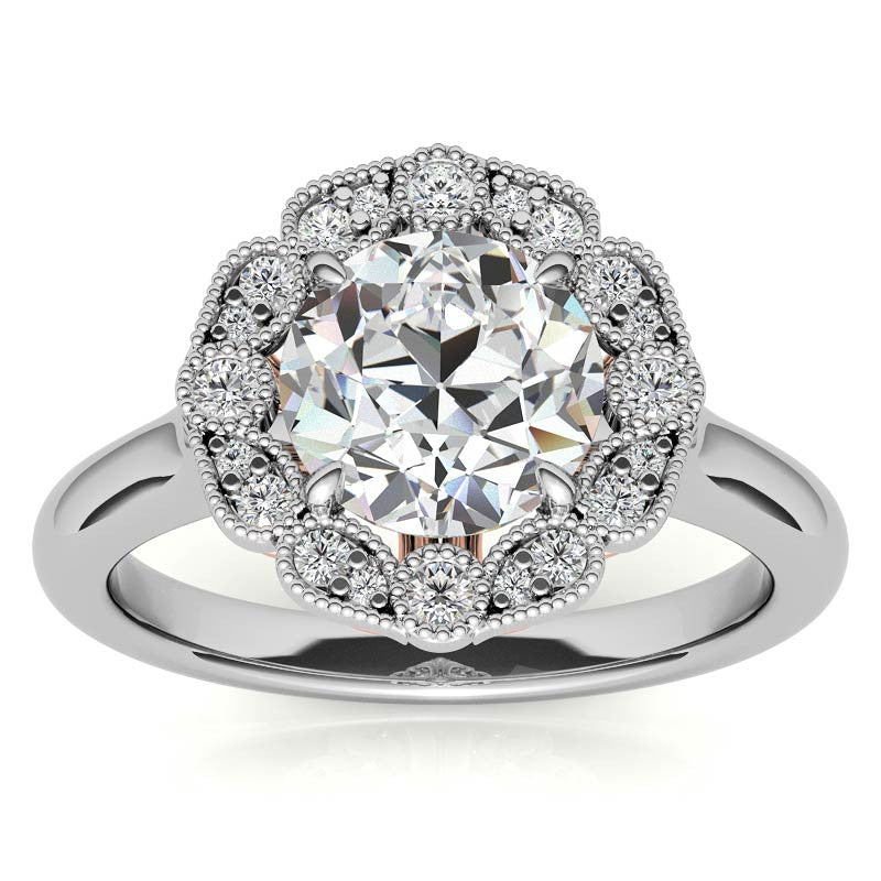 Round Scalloped Halo Moissanite Cathedral Engagement Ring