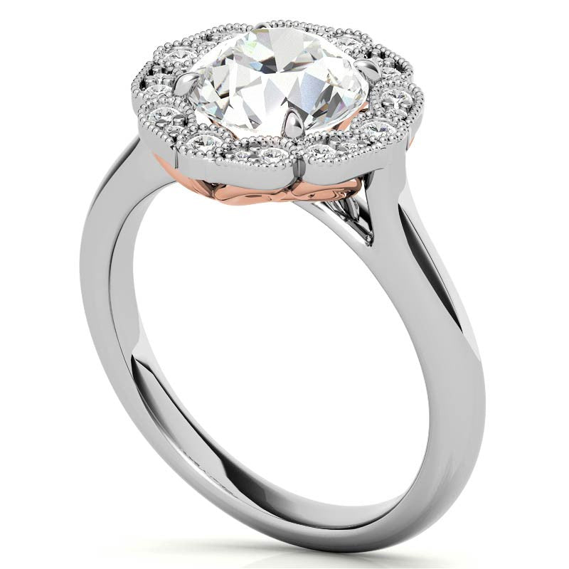 Round Scalloped Halo Moissanite Cathedral Engagement Ring