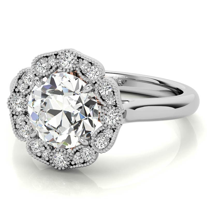 Round Scalloped Halo Moissanite Cathedral Engagement Ring