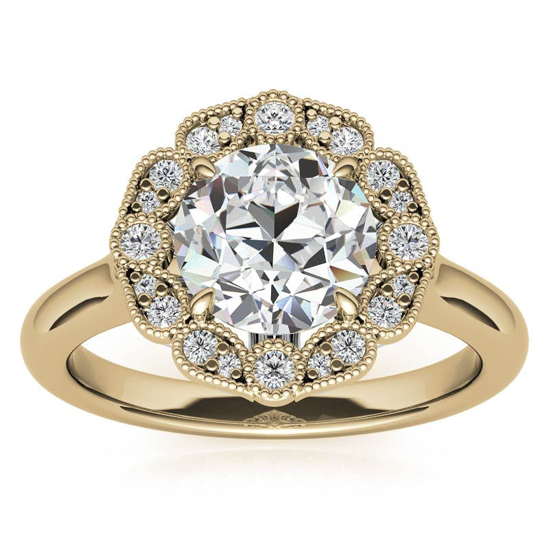 Round Scalloped Halo Moissanite Cathedral Engagement Ring