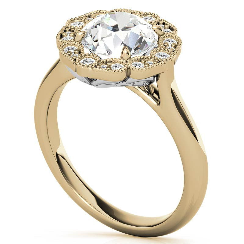 Round Scalloped Halo Moissanite Cathedral Engagement Ring
