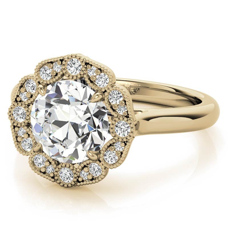 Round Scalloped Halo Moissanite Cathedral Engagement Ring