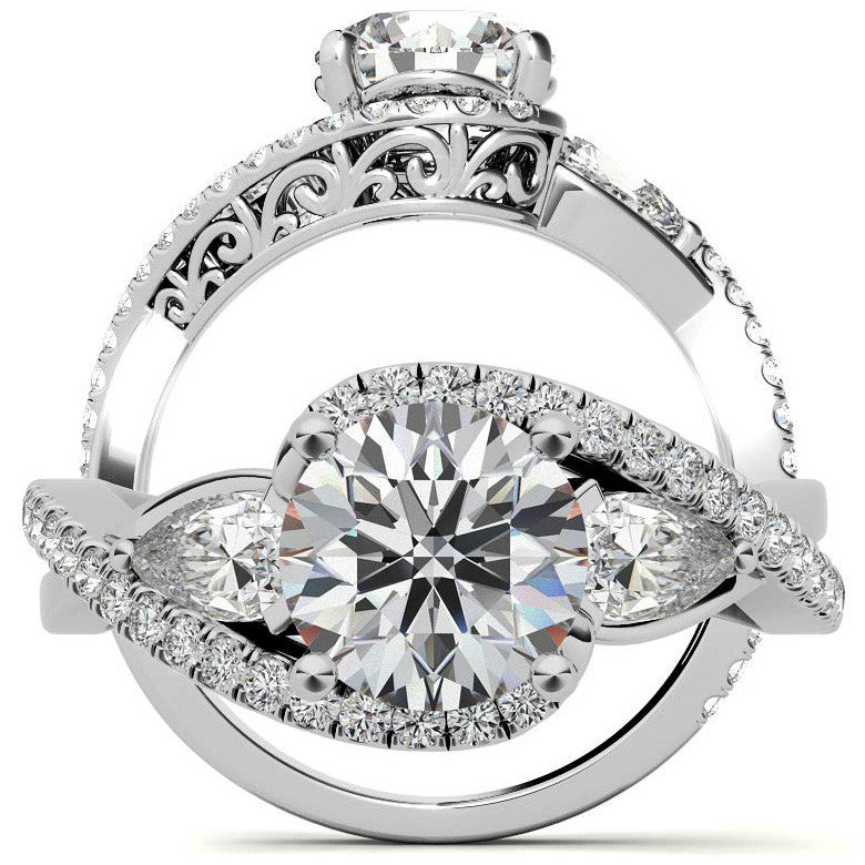 Round and Pear Moissanite 3-Stone Bypass Engagement Ring