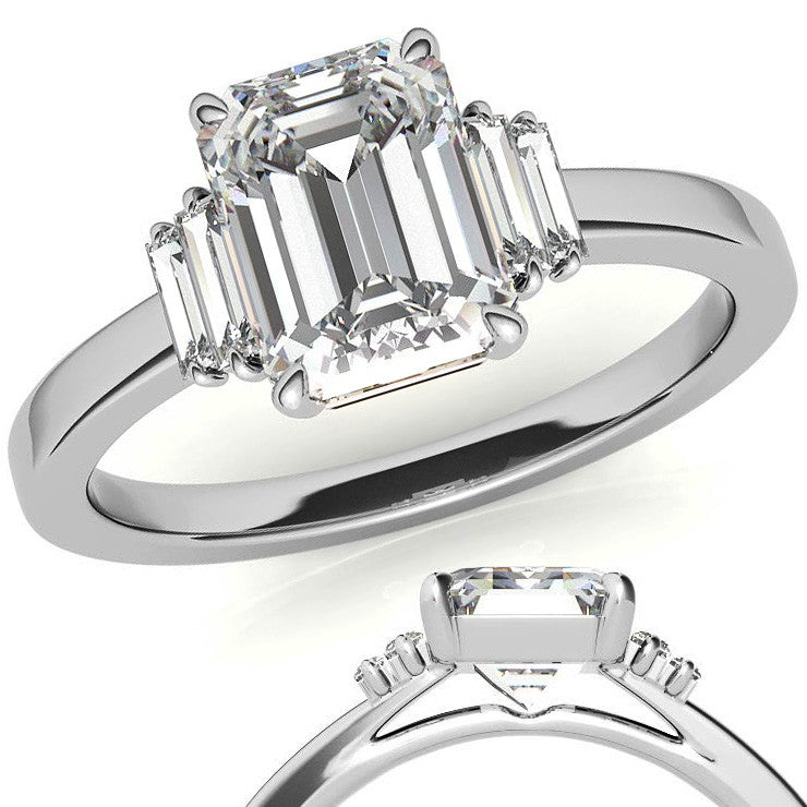 Emerald / Radiant Moissanite and Diamond Baguette Engagement Ring