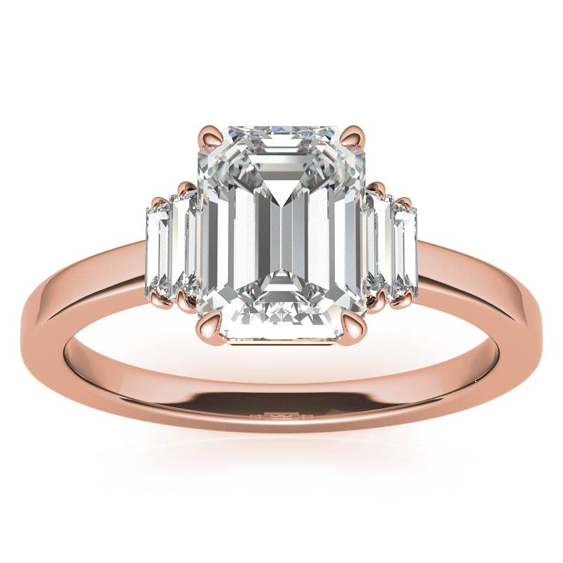 Emerald / Radiant Moissanite and Diamond Baguette Engagement Ring