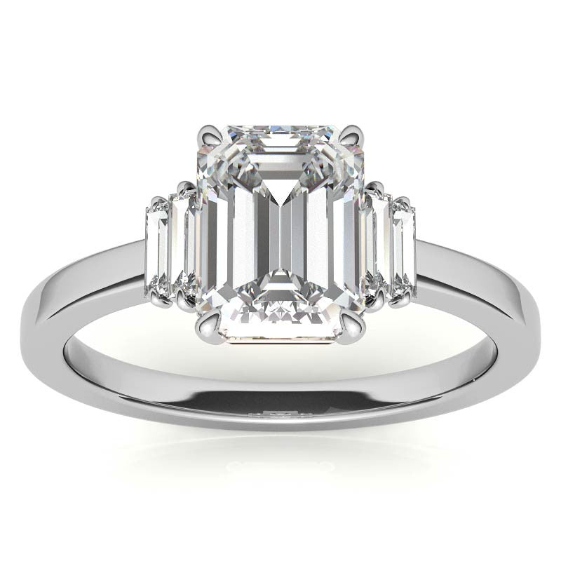 Emerald / Radiant Moissanite and Diamond Baguette Engagement Ring