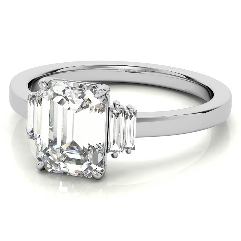 Emerald / Radiant Moissanite and Diamond Baguette Engagement Ring