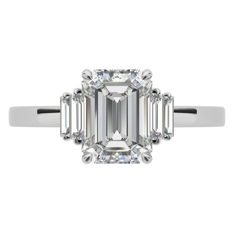 Emerald / Radiant Moissanite and Diamond Baguette Engagement Ring
