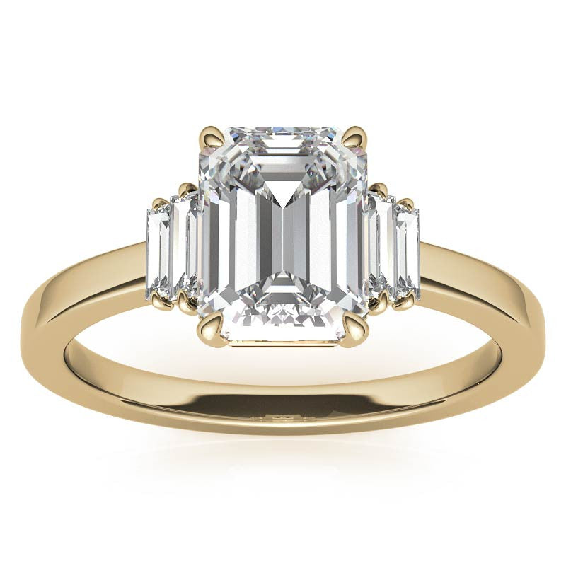 Emerald / Radiant Moissanite and Diamond Baguette Engagement Ring