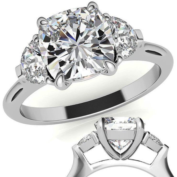 Cushion and Half Moon Moissanite Cathedral Engagement Ring