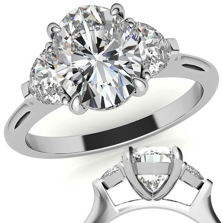 Oval and Half Moon Moissanite Cathedral Engagement Ring