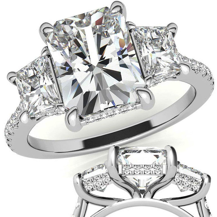 Emerald / Radiant and Trapezoid 3-Stone Moissanite Engagement Ring