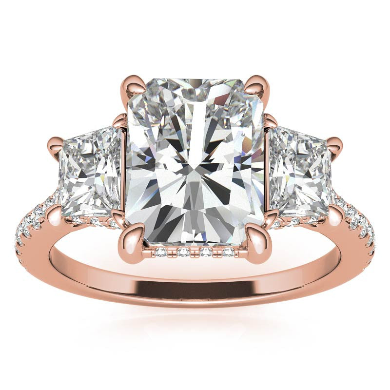 Emerald / Radiant and Trapezoid 3-Stone Moissanite Engagement Ring