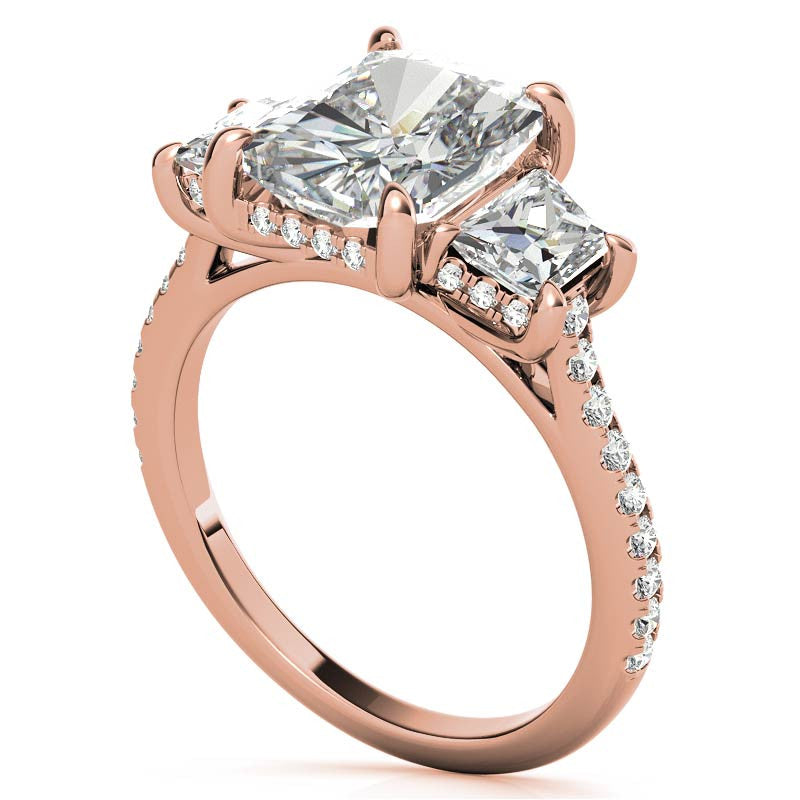 Emerald / Radiant and Trapezoid 3-Stone Moissanite Engagement Ring