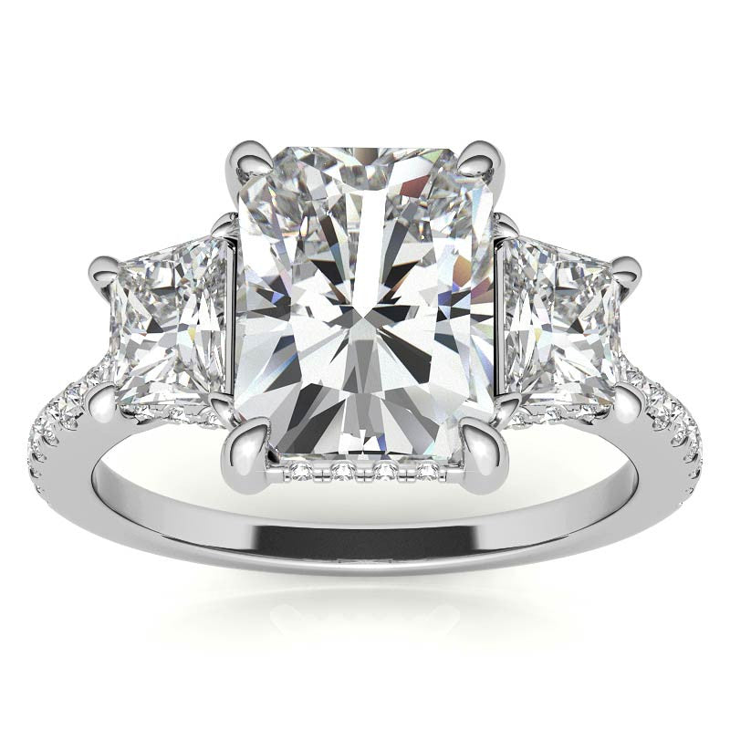 Emerald / Radiant and Trapezoid 3-Stone Moissanite Engagement Ring
