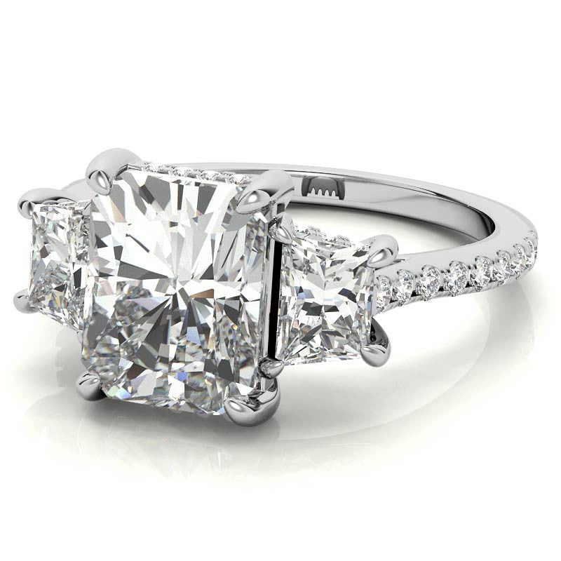 Emerald / Radiant and Trapezoid 3-Stone Moissanite Engagement Ring