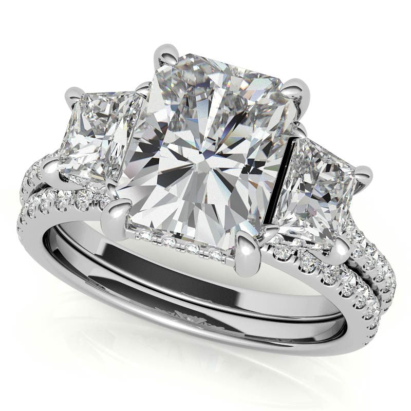 Emerald / Radiant and Trapezoid 3-Stone Moissanite Engagement Ring