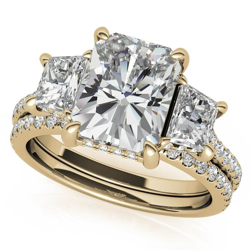 Emerald / Radiant and Trapezoid 3-Stone Moissanite Engagement Ring