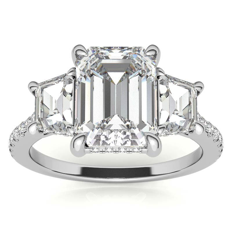 Emerald / Radiant and Trapezoid 3-Stone Moissanite Engagement Ring