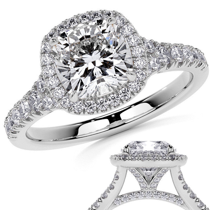 Cushion Moissanite Split Shank Halo Engagement Ring