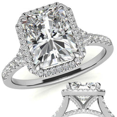 Emerald / Radiant Moissanite Split Shank Halo Engagement Ring