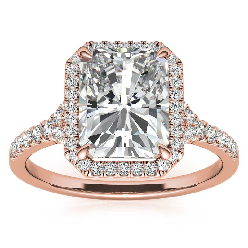 Emerald / Radiant Moissanite Split Shank Halo Engagement Ring