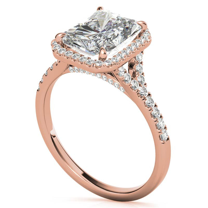 Emerald / Radiant Moissanite Split Shank Halo Engagement Ring