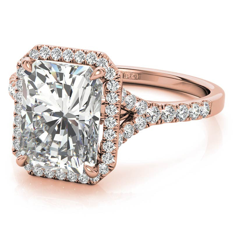 Emerald / Radiant Moissanite Split Shank Halo Engagement Ring
