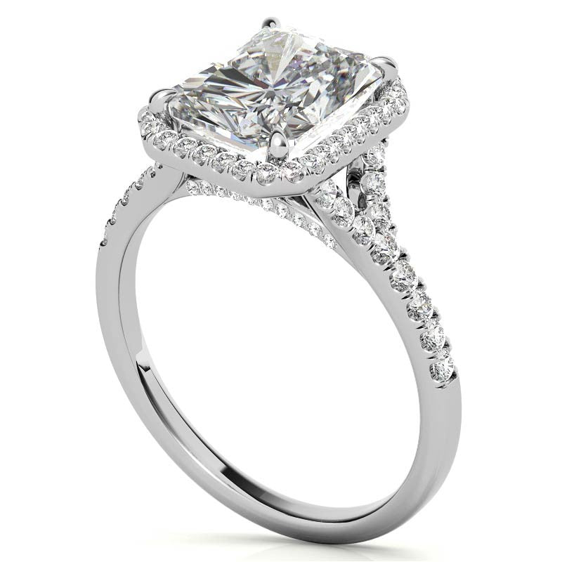 Emerald / Radiant Moissanite Split Shank Halo Engagement Ring