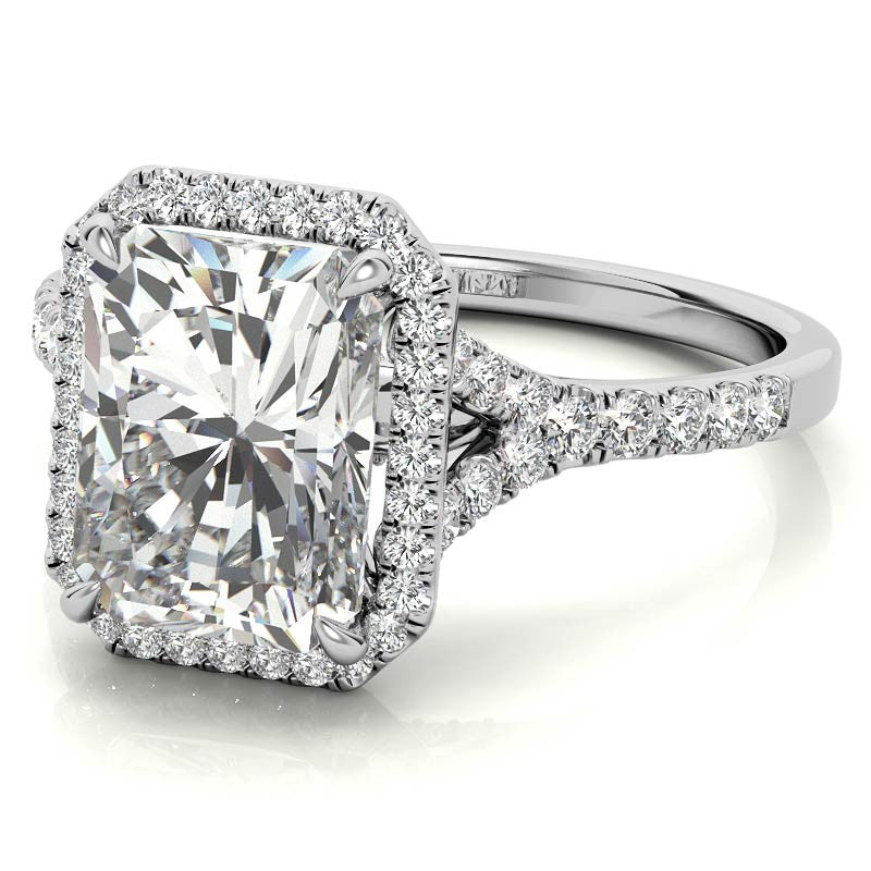 Emerald / Radiant Moissanite Split Shank Halo Engagement Ring