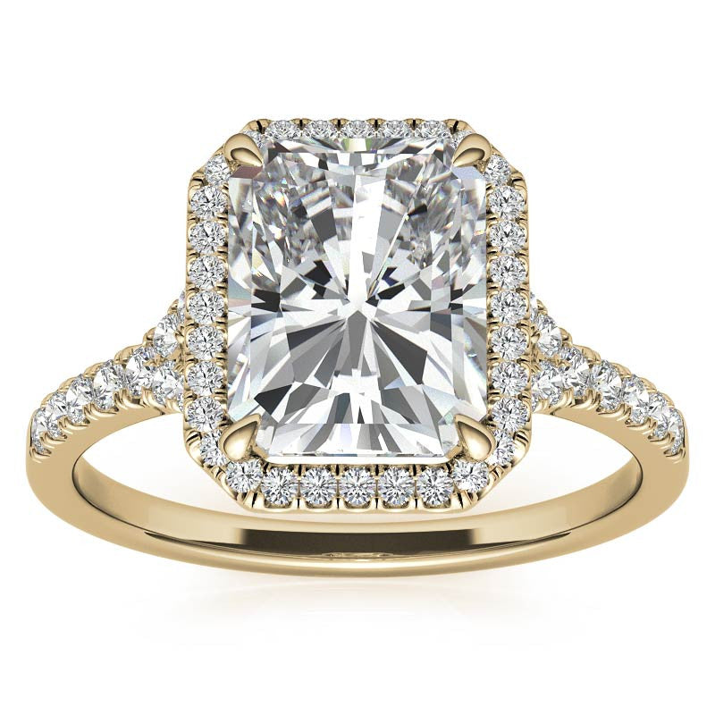 Emerald / Radiant Moissanite Split Shank Halo Engagement Ring