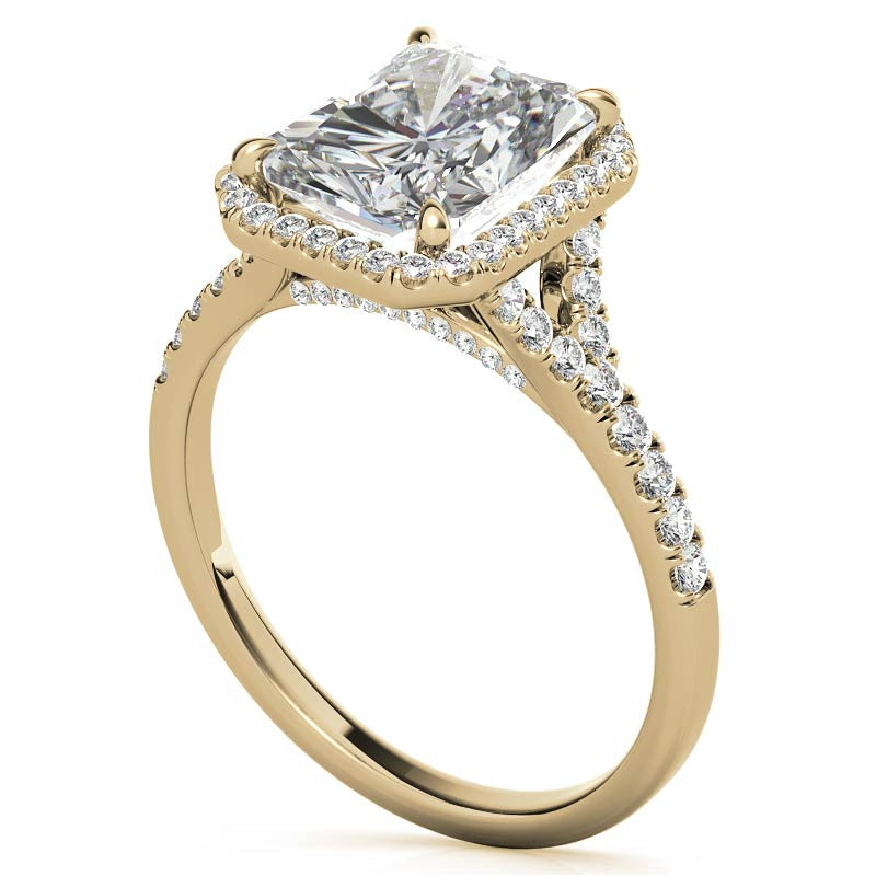 Emerald / Radiant Moissanite Split Shank Halo Engagement Ring