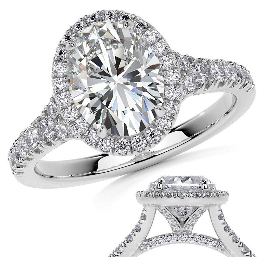 Oval Moissanite Split Shank Halo Engagement Ring