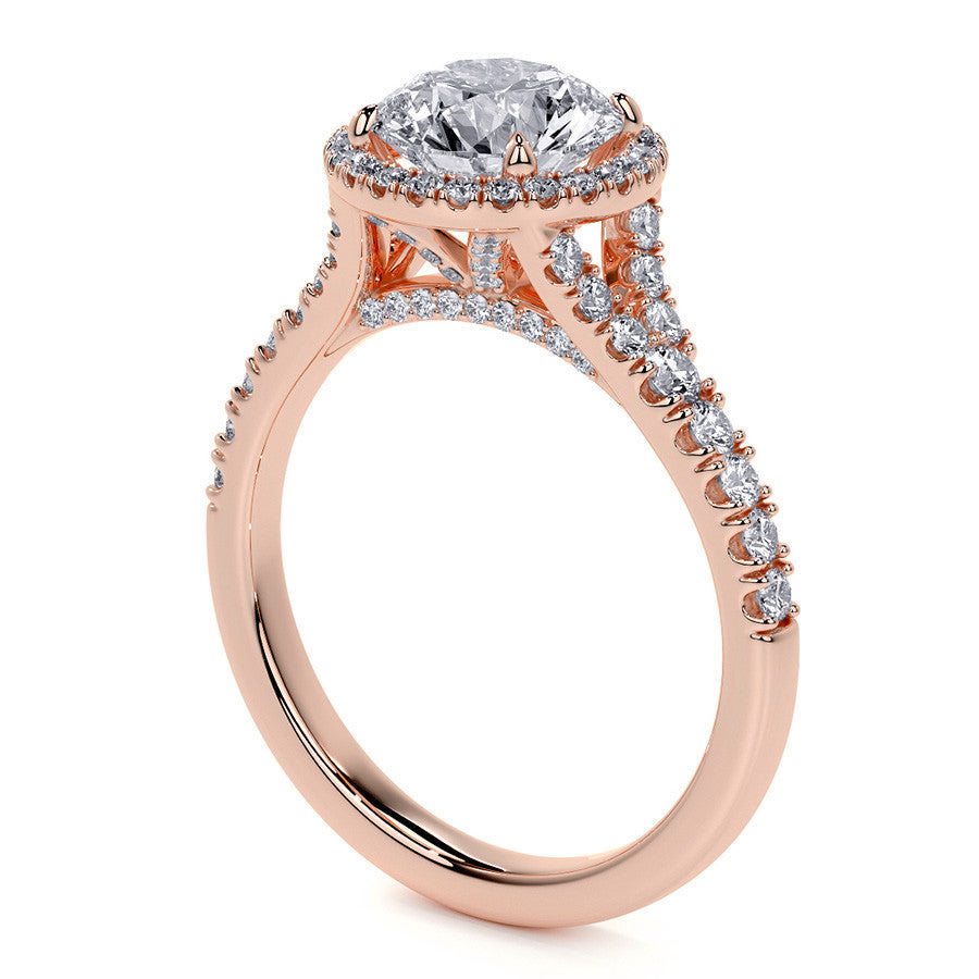 Round Brilliant Moissanite Split Shank Halo Engagement Ring