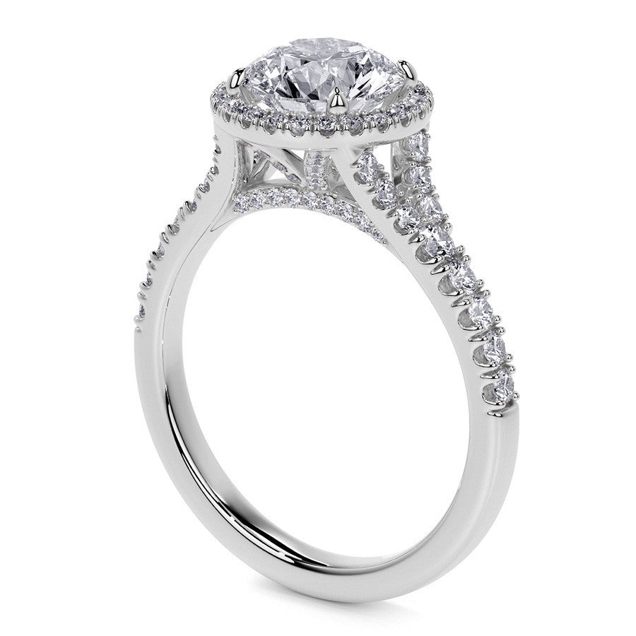 Round Brilliant Moissanite Split Shank Halo Engagement Ring